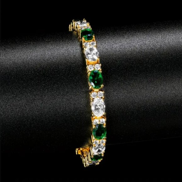 14K Gold Womens 2ct Green Emerald Oval Gemstone Diamond Tennis Bracelet 7" inch - Picture 6 of 9